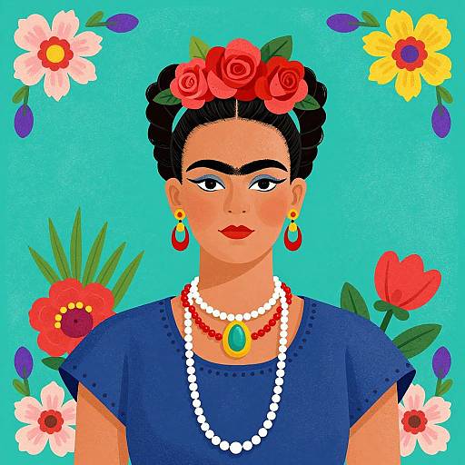 Digital illustration of a woman with dark hair in red flower crown, wearing blue top, white and red bead necklaces, red earrings, against turquoise background