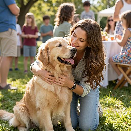 Photograph of a smiling woman with long brown hair, kneeling on grass, hugging a happy Golden Retriever, surrounded by people at an outdoor