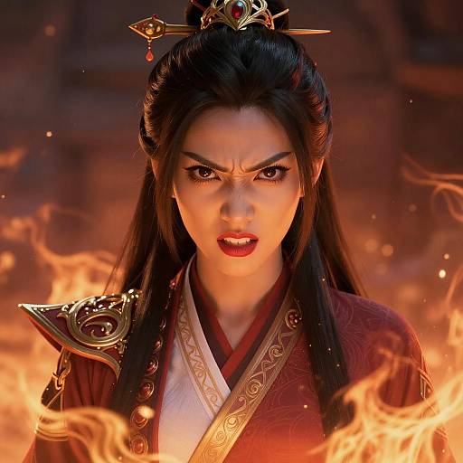 Digital art of an angry Asian woman with black hair in an elaborate red and gold traditional outfit, surrounded by bright orange flames. Her intense expression and fiery