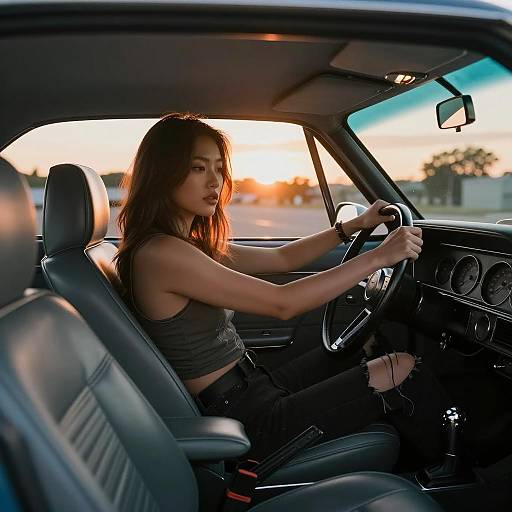Asian Woman Driving Classic Muscle Car at Sunset