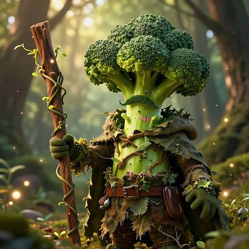Digital art of a humanoid broccoli character in a forest, wearing leafy, thorny armor, holding a vine-wrapped wooden staff, bathed in