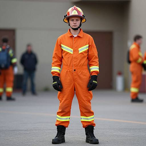 Photograph of a young male firefighter standing on a street, wearing an orange jumpsuit, helmet, and black gloves, with blurred background.