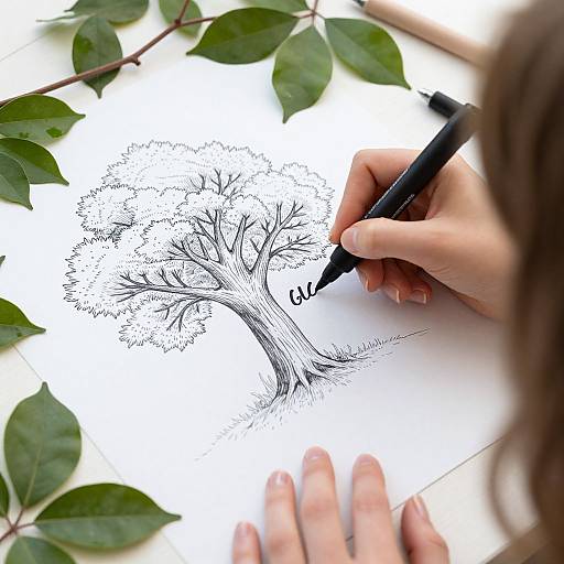 Photograph of a hand drawing a detailed black ink tree sketch on white paper, surrounded by green leaves, with a pen in hand.