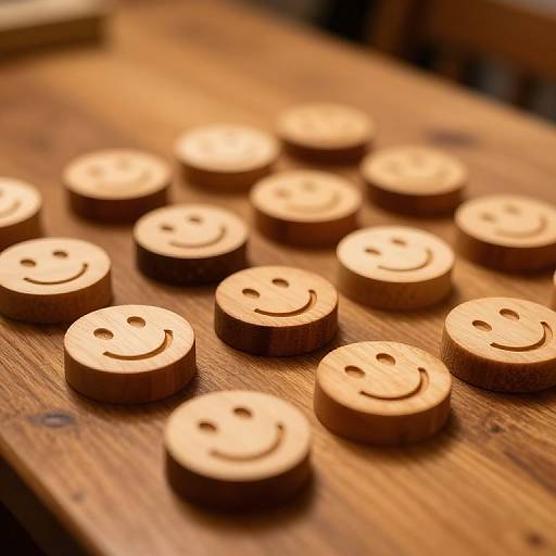 Photograph of twelve wooden smiley button-shaped disks arranged in a grid on a warm, textured wooden table.