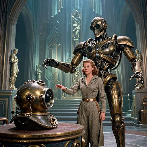 Photorealistic CGI of a red-haired woman in a gray 1940s-style dress, interacting with a large, shiny golden robot in a grand