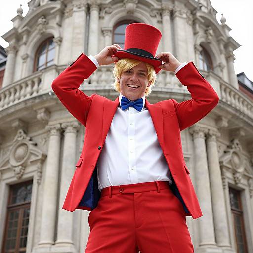 Photograph of a smiling young man with blonde hair, wearing a red top hat, red suit, white shirt, blue bow tie, and adjusting his