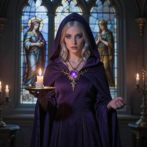 Mystical Woman in Purple Cloak Holding Candle