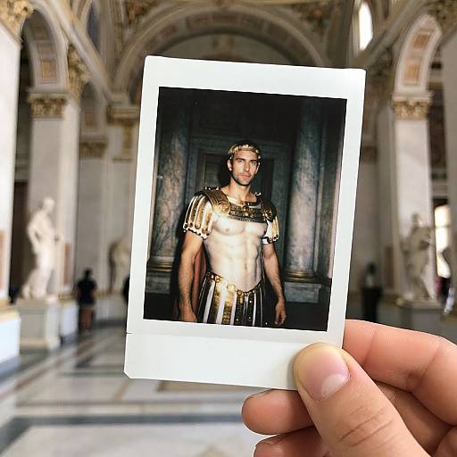 Photograph of a muscular man in ancient Roman armor, held in a hand, against a blurred, ornate, classical architecture background.