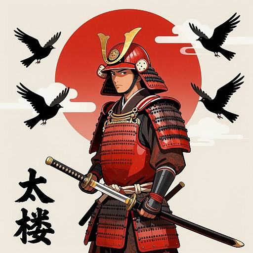 Samurai in Red Armor with Katana and Red Sun