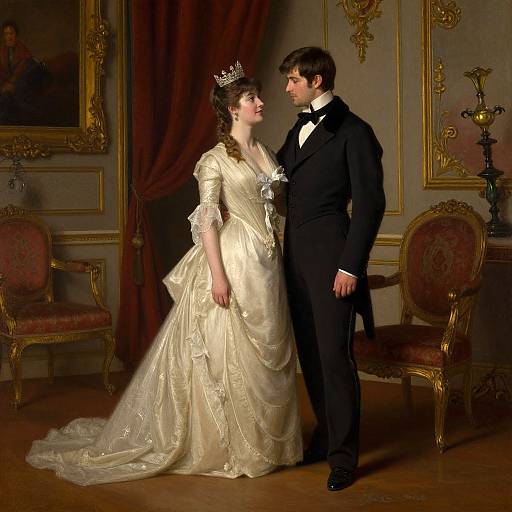 Photograph of a fair-skinned couple in formal attire; bride in a white, ornate gown with crown, groom in black tuxedo,