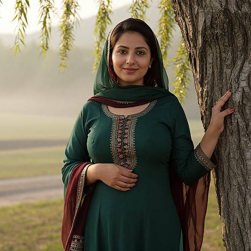 Photograph of a smiling South Asian woman in a green traditional kameez with red and gold embroidery, standing by a tree in a sunny, grass