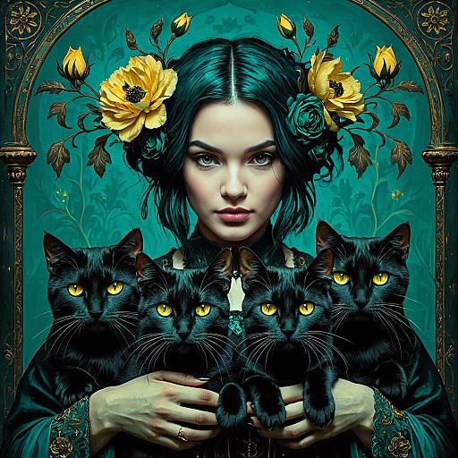 Gothic Woman with Dark Teal Hair and Black Cats