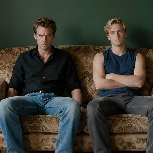 Two men sitting on vintage couch