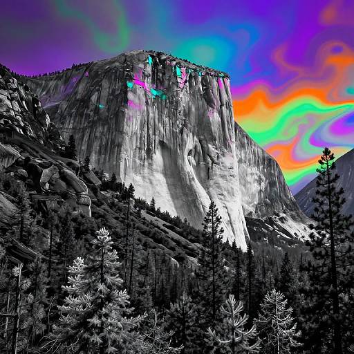 Photograph of a majestic mountain with vivid, multicolored auroras lighting up the sky, surrounded by dark, dense pine trees. Bright, surreal