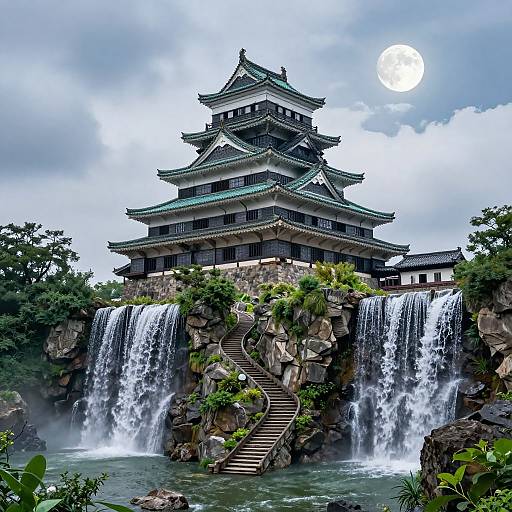 Photograph of a traditional Japanese castle with green roofs, situated on a rocky waterfall, under a bright full moon in a cloudy sky.