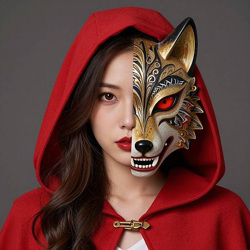 Photograph of a young woman with long brown hair, wearing a red hooded cloak and a detailed, red-eyed wolf mask, against a gray background