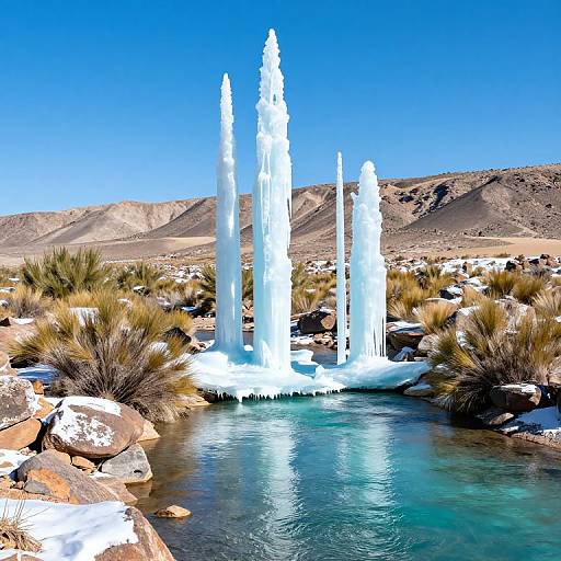 Photograph of three tall, white water fountains surrounded by desert shrubs and rocks, set against a clear blue sky and distant brown mountains.