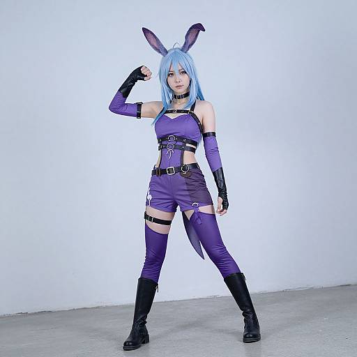 Photograph of a blue-haired woman in a purple bunny cosplay outfit with black gloves, straps, thigh-high boots, and bunny ears, posing confidently against