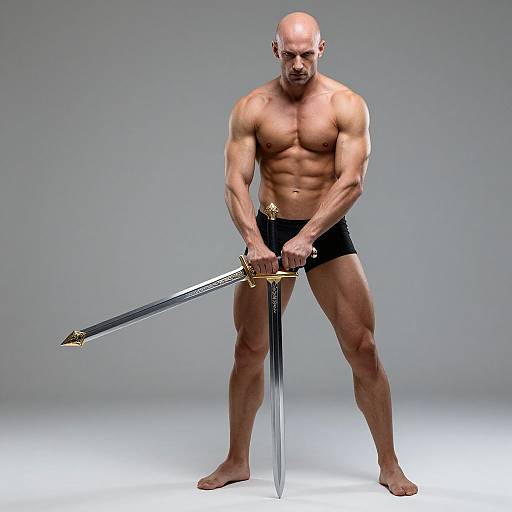 Muscular bald man, wearing black briefs, holds a large ornate sword, standing barefoot against a gray gradient background. Photograph.