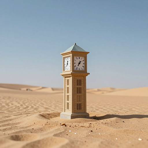 Photograph of a wooden clock tower standing alone in a vast, sandy desert under a clear blue sky.