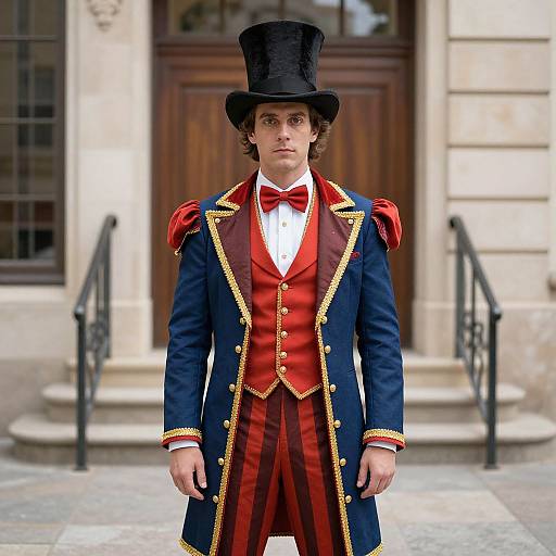 Photograph of a young man in a Victorian-style circus costume: black top hat, navy coat with gold trim, red waistcoat, striped red pants