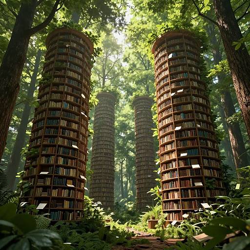 Photorealistic CGI of three tall, cylindrical towers filled with books, surrounded by dense, sunlit forest with sunlight filtering through leaves.
