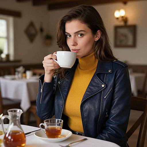 Photograph of a brunette woman in a yellow turtleneck and black leather jacket, sipping from a white cup in a cozy, dimly-l