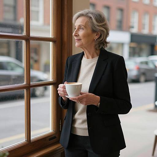 Photograph of an elderly woman with short gray hair, wearing a black blazer and white sweater, holding a white mug, standing by a large window