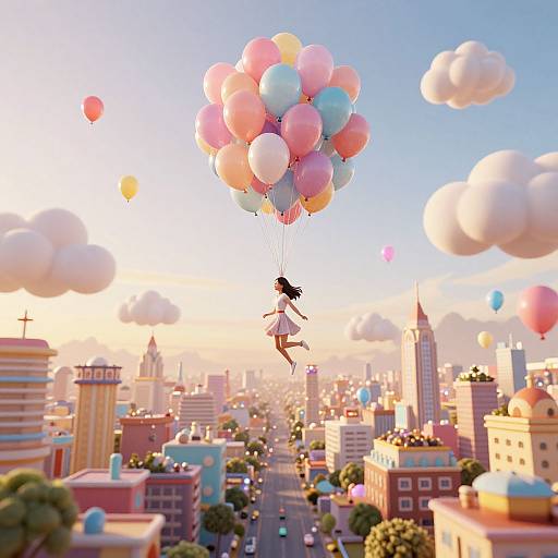 CGI image of a silhouetted girl flying high above a colorful, pastel cityscape with blooming balloons and fluffy clouds.