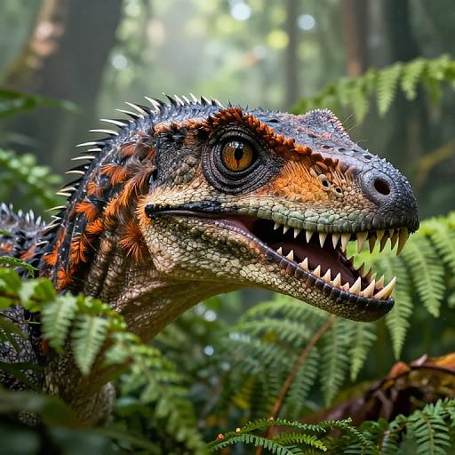 Photorealistic close-up of a vividly colored, detailed dinosaur head with orange, black, and white scales, sharp teeth, and bright orange eyes