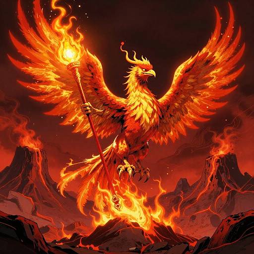 Mythical Phoenix with Flame Scepter in Volcanic Landscape