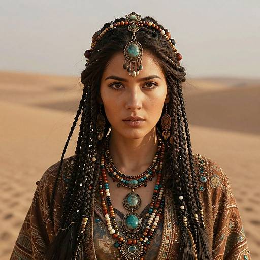 Photograph of a dark-skinned woman with intricate braids, wearing ornate turquoise jewelry and traditional desert attire, standing in a sandy desert.