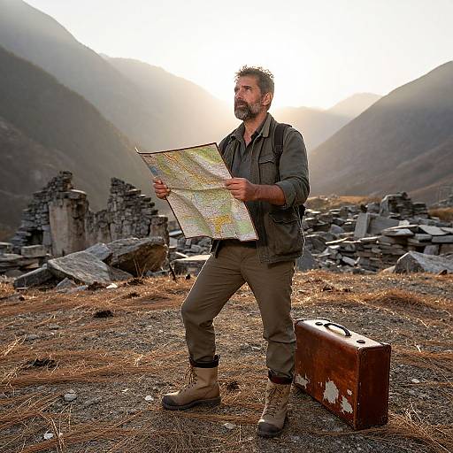 Bearded man in green jacket, brown pants, and boots holds map, stands amidst ancient stone ruins, mountains in background, suitcase on ground. Photograph