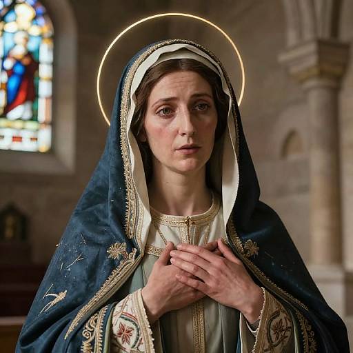 Photograph of a solemn young woman in a traditional blue nun's habit with gold embroidery, hands clasped, halo above head, in a dimly