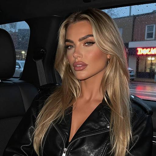 Blonde Woman in Black Leather Jacket in Car