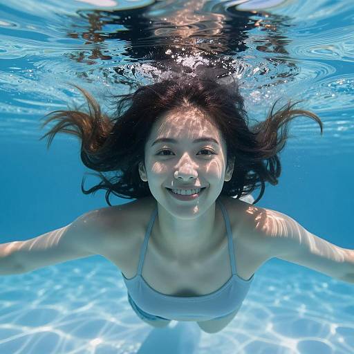 Joyful Underwater Woman in Blue Pool