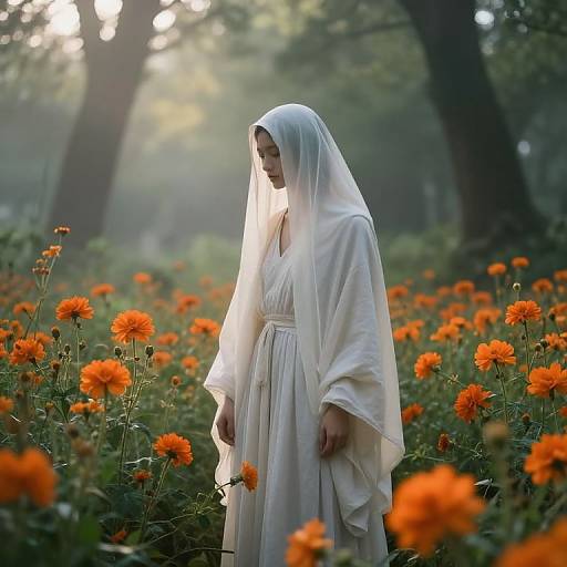 Photograph of a woman in a white, flowing robe and veil standing in a sunlit forest, surrounded by vibrant orange flowers.