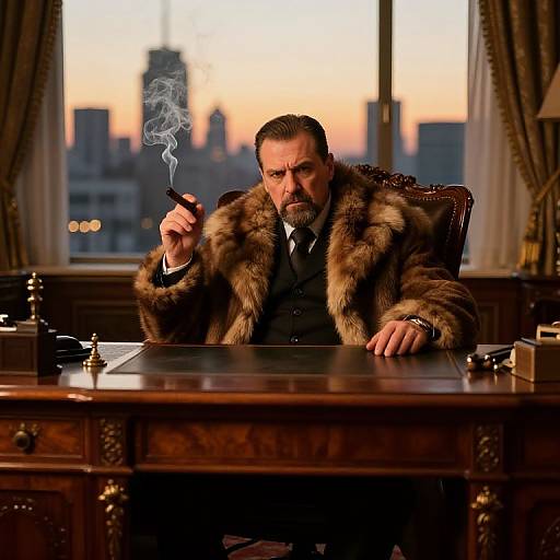 Photograph of a stern, bearded man in a fur coat, smoking a cigar, seated at a wooden desk with city skyline at sunset in the