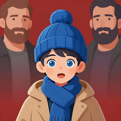 Young boy in blue winter hat with two men in background