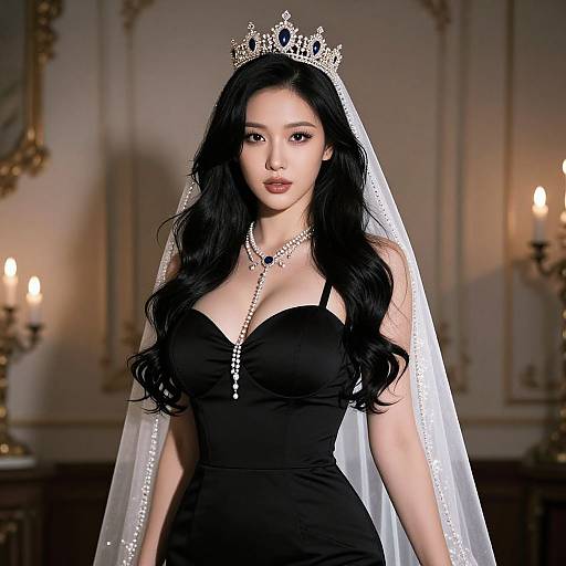 Photograph of an Asian woman with long black hair, wearing a black strapless dress, white veil, silver tiara, and pearl necklace, standing
