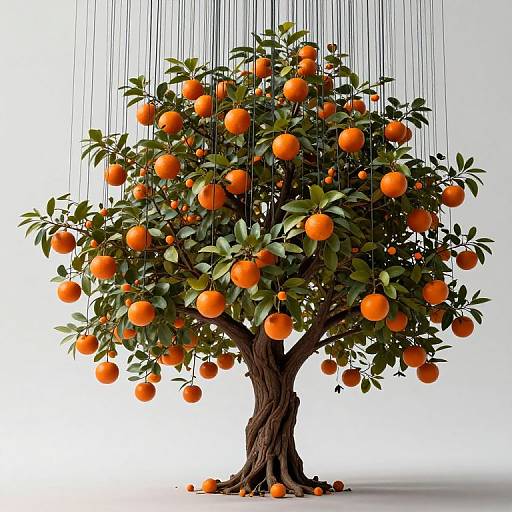 Photograph of a vibrant orange tree with abundant bright orange fruits, green leaves, and black vertical lines hanging from the branches against a stark white background.