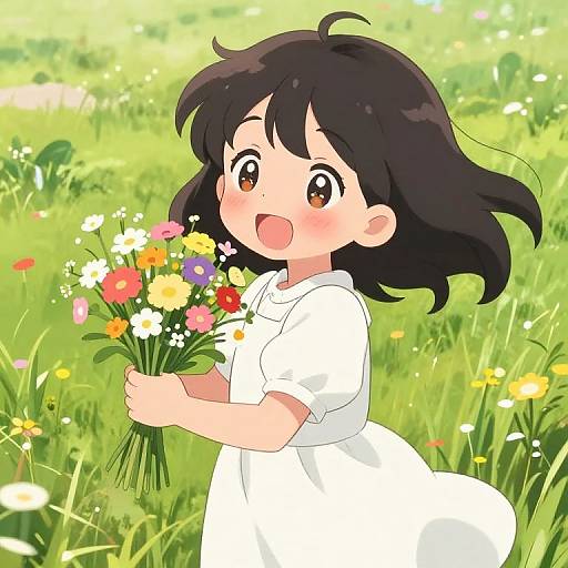 Blushing Anime Character with Wildflowers