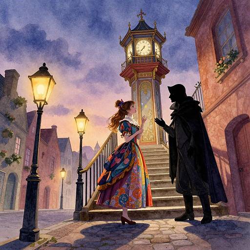 Digital painting of a colorful, floral dress-wearing woman and a shadowy, top-hatted man on a cobblestone street, illuminated by a
