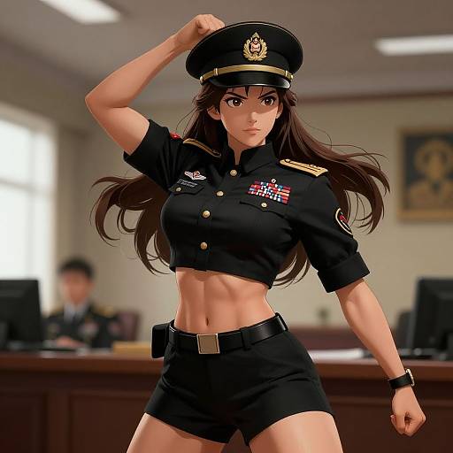 Digital art of a muscular, attractive woman in a tight black police uniform, cap, and shorts, posing confidently in a blurred office.