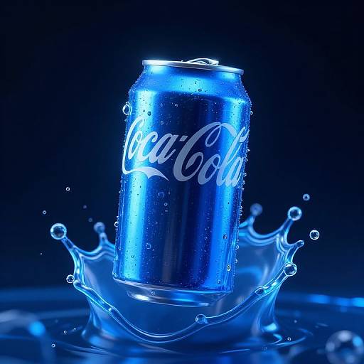 Photograph of a glowing blue Coca-Cola can emerging from a dynamic water splash, illuminated against a dark background.