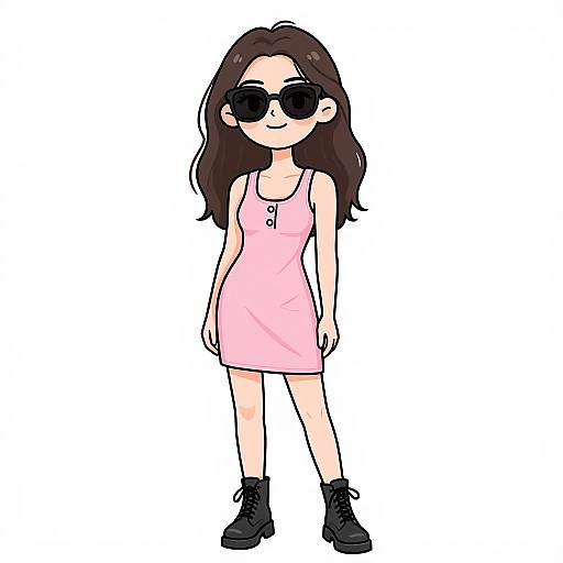 Digital anime-style drawing of a young woman with long brown hair, wearing black sunglasses, a pink sleeveless dress, and black boots.