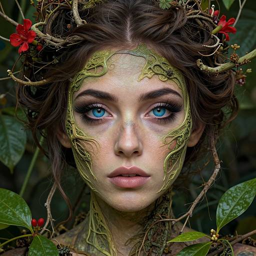Photograph of a fair-skinned woman with blue eyes, wearing intricate green moss and vine makeup, adorned with red flowers in her dark brown, w