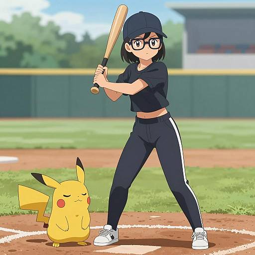 Anime Girl and Pikachu on Baseball Field