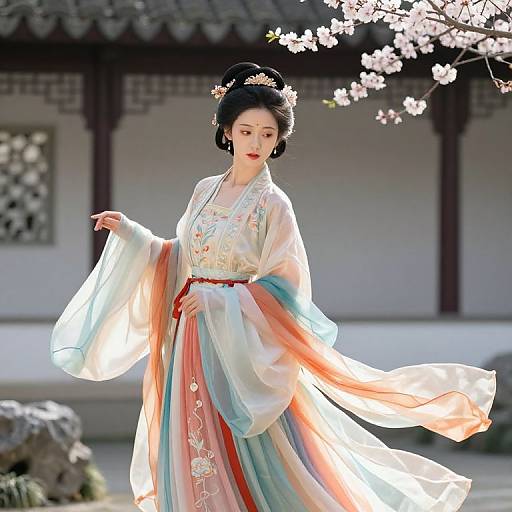 Photograph of an elegant East Asian woman in a flowing, pastel-colored traditional Korean hanbok with floral embroidery, standing in front of a cherry