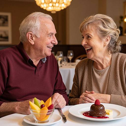 Photograph of an elderly couple smiling at each other in a dimly lit restaurant, sharing a dessert and fruit cup at a table. Chandelier and